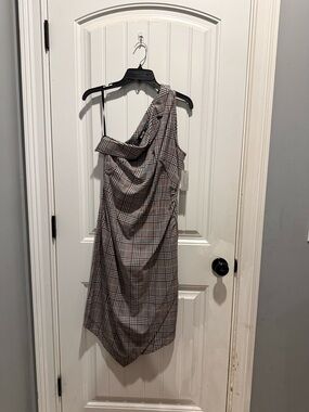 Anthropologie One-Shoulder Plaid Midi Dress - Gray with Black Accents
